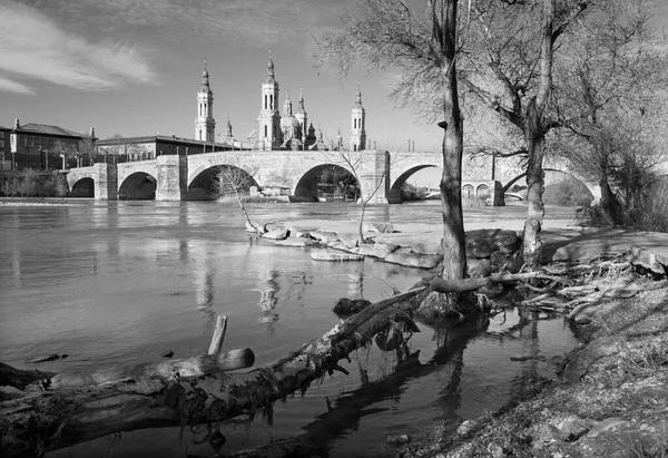 Zaragoza Brug Puente Piedra Basilica Del Pilar Rivier Het Ochtendlicht — Stockfoto