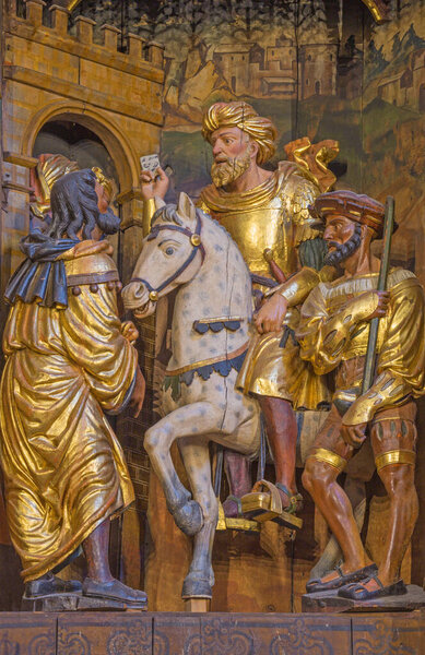 ZARAGOZA, SPAIN - MARCH 3, 2018: The St. Paul (Saul) as persecutor of first christians -  carved main altar in the church Iglesia de San Pablo by Damian Forment (151 - 1535).