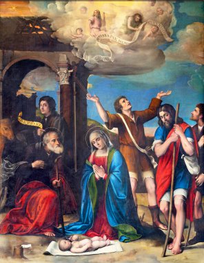 PARMA, ITALY - 16 Nisan 2018: Giacomo ve Giulio Francia 'nın (1519) Duomo' da Doğuş 'un Rönesans tablosu).