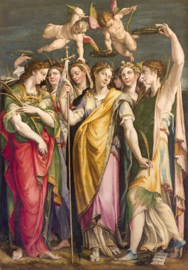 MODENA, İtalya - 14 Nisan 2018: Ercole Setti 'nin Abazzia di San Pietro kilisesindeki Aziz Ursula tablosu (1568)).