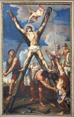 REGGIO EMILIA, ITALY - APRIL 12, 2018: The Crucifixion of st. Andrew the Apostle in church Chiesa di San Agostino by Giovanni Boulanger 1606 - 1660. clipart