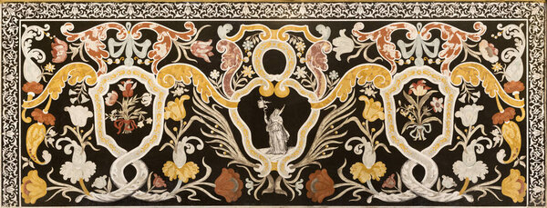 MODENA, ITALY - APRIL 14, 2018: The stone floral mosaic  (Pietra Dura) with the St. Ursula in church Abbazia di San Pietro by Felice Giannelli (1680-1690).