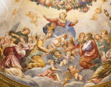 PARMA, İtalya - 15 Nisan 2018: Filippo Maria Galletti 'nin Chiesa di Santa Cristina (1636 - 1714) kilisesinin yanındaki kubbede Meryem Ana' nın Hükmü freski)