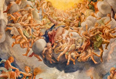 PARMA, ITALY - 16 Nisan 2018: Antonio Allegri (Correggio - 1526-1530) tarafından Duomo 'nun kubbesinde Bakire Meryem' in freski).