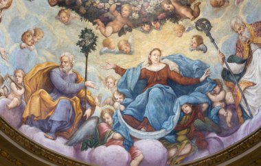 PARMA, İtalya - 17 Nisan 2018: 17. yüzyıldan itibaren Alessandro Baratta 'nın Chiesa di Santa Lucia kilisesinin kubbesinde Aziz Joseph ile Bakire Meryem' in fresk varsayımı..