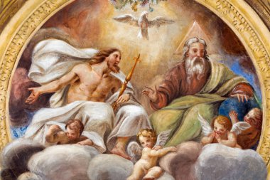 PARMA, ITALY - 16 Nisan 2018: The Holy Trinity in church Chiesa di Santa Croce - Giovanni Maria Conti della Camera (1614 - 1670).