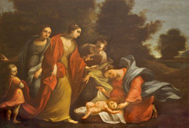 PARMA, İtalya - 17 Nisan 2018: Musa 'nın kilisedeki Nil' den kurtardığı resim unkonwn sanatçısı Chiesa di Santo Tomaso tarafından yapıldı..