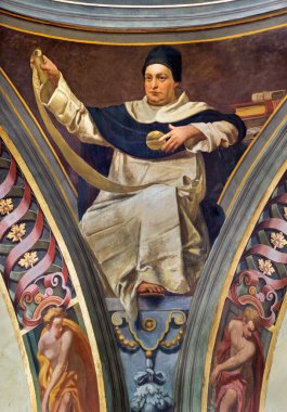 REGGIO EMILIA, ITALY - APRIL 12, 2018: The Fresco of Saint Thomas of Aquinas in cupola of church Basilica di San Prospero by  C. Manicardi, G. Ferrari and A. Lugli (1884-1885). clipart