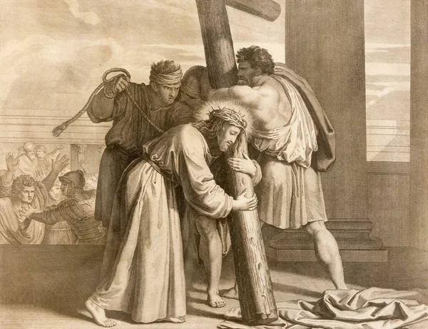 Reggio Emilia Italië April 2018 Lithografie Jezus Draagt Zijn Kruis — Stockfoto