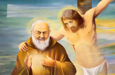 REGGIO EMILIA, ITALY - 12 Nisan 2018: Erico Verona 2001 'in Chiesa dei Cappuchini kilisesindeki İsa ile Pater Pio' nun modern tablosu.