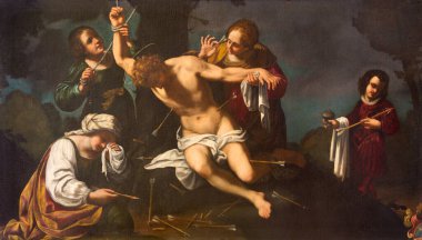 MODENA, ITALY - APRIL 14, 2018: The painting martyrdom of St. Sebastian in church Chiesa di Santa Maria della Pomposa by Bernardino Cervi from 17. cent. clipart