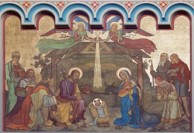 PRAG, CZECH REPUBLIC - 17 Ekim 2018: The fresco of Adoration of Magi and Intivity in the church kostel Svateho Cyrila Metodeje muhtemelen Gustav Miksch ve Antonin Krisan (19cent..).