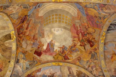 PRAG, CZECH REPUBLIC - 18 Ekim 2018: The fresco St. Catherine in church Kostel Svate Kateiny Alexandrijske by Vaclav Vavinec Reiner (1689 - 1743)).