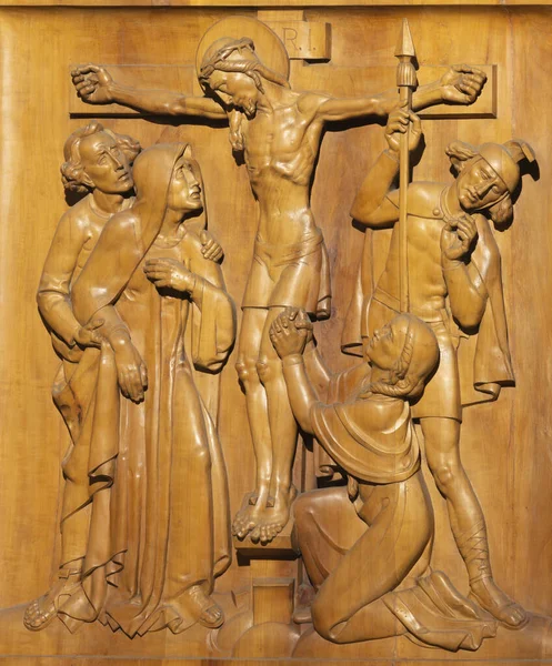 Prague Czech Republic October 2018 Wooden Carved Relief Cricifixion Church — Stock Photo, Image