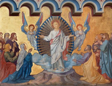 PRAG, CZECH REPUBLIC - 17 Ekim 2018: The fresco of the Lord the church kostel kostel Svateho Cyrila Metodeje by Frantisek Sequens (sc. 19 sentin yarısı..).