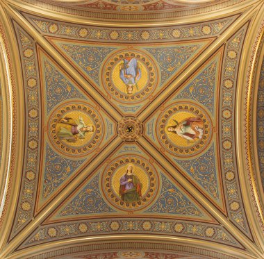 PRAGUE, CZECH REPUBLIC - 17 Ekim 2018: The fresco four holy women of (Catherine, Agatha, Agnes of Bohemia, Magdalen) in church Svateho Cyrila Metodeje by J. M. Trenkwald (19 cent).)