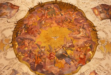 PRAGUE, CZECH REPUBLIC - OCTOBER 18, 2018: The baroque fresco of Angels with the Holy Spirit in church kostel Svat Vorily by Jan Jakub Stevens ze Steinfelsu (1707)