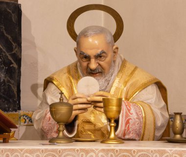 PALMA DE MALLORCA, SPAIN - JANUARY 29, 2019: The carved polychrome statue of  Padre Pio of Pietrelcina at the mass in the Capuchin church.
