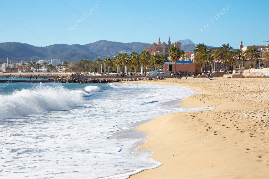 Palma de Mallorca - The beach of the city and the cathedral La Seu in the background.