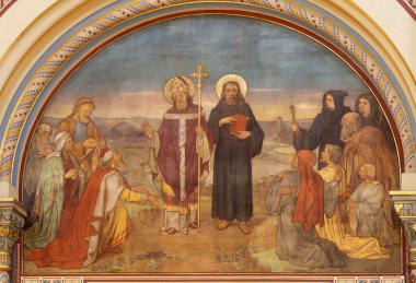 PRAGUE, CZECH REPUBLIC - OCTOBER 17, 2018: The fresco of Saint Cyril and Methodius in church Svatho Cyrila Metodeje by Frantiek Sequens from end of 19. cent