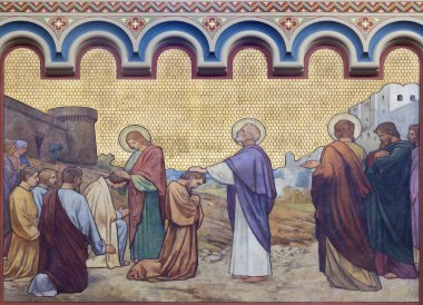 PRAGUE, CZECH REPUBLIC - OCTOBER 17, 2018: The fresco Apostles Peter and John heal in Jerusalem in the church kostel Svatho Cyrila Metodeje by  S. G. Rudl (1896)