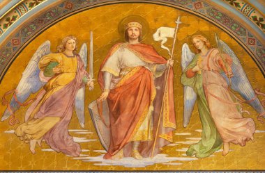 PRAGUE, CZECH REPUBLIC - OCTOBER 17, 2018: The fresco of king Saint Wenceslaus in church Svatho Cyrila Metodeje by Frantiek Sequens from end of 19. cent