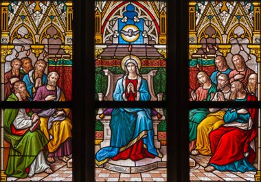 PRAGUE, CZECH REPUBLIC - OCTOBER 12, 2018: The Pentecost on the windowpane in church Bazilika svatho Petra a Pavla na Vysehrade by Frantiek Sequens end. of 19. cent.