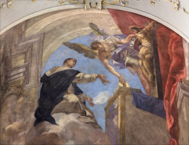 PRAGUE, CZECH REPUBLIC - OCTOBER 12, 2018:  The Fresco of vision of Saint Thomas of Aquinas in church kostel Svatho Tome by Vclav Vavinec Reiner (1689 - 1743)
