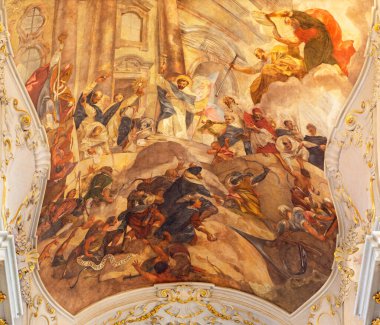 PRAGUE, CZECH REPUBLIC - OCTOBER 14, 2018:  The symbolic fresco of Glory of Dominicans order in church of St. Egidius (Jilj) by Vaclav Vavinec Reiner (1689 - 1743).