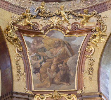 PRAGUE, CZECH REPUBLIC - OCTOBER 12, 2018: The detail of St. Mark the Evangelist in the cupola of St. Francis of Assisi church by Vclav Vavinec Reiner (1689 - 1743)