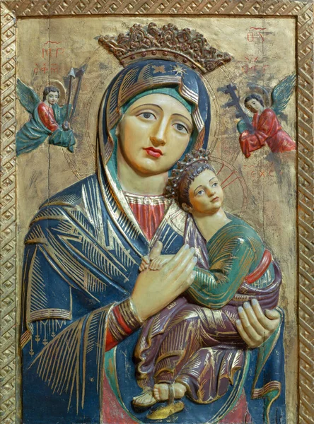 Palma Mallorca Španělsko Června 2019 Vyřezávaná Polychromní Reliéf Madony Panny — Stock fotografie