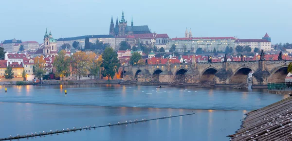 Prague Charles Bridge Castle Cathedral Promenade Vltava River Morning Dusk — Stock Photo, Image