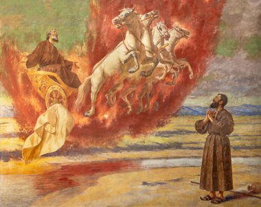 CATANIA, ITALY - 7 Nisan 2018: The fresk Prophet Elias, Natale Attanasio 'nun 1898 yılında Santuario della Madonna del Carmine kilisesindeki ateş arabasıyla cennete yükseliyor.).