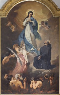 CATANIA, ITALY - APRIL 6, 2018: The painting of Virigin Mary and the souls in purgatory in church Chiesa di San Francesco d'Assisi all'Immacolata by Pasquale Lotta (1900). clipart
