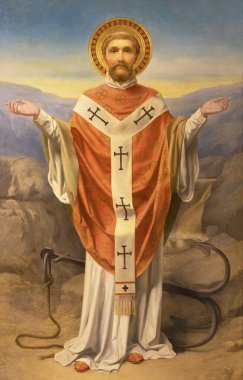 PRAG, CZECH REPUBLIC - 15 Ekim 2018: Bazilika svatho Petra a Pavla na Vysehrade (1901 - 1903) Kilisedeki Aziz Climent tablosu).