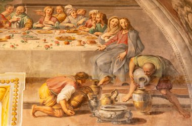 ACIREALE, İtalya - 11 Nisan 2018 Pietro Paolo Vasta (1735-1739) tarafından Duomo 'daki Cana' daki düğünde gerçekleşen mucizenin ayrıntıları.).