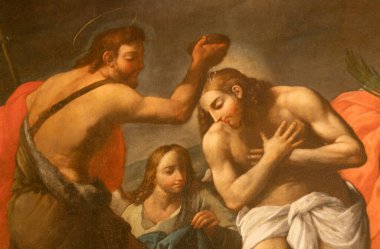 ACIREALE, ITALY - 11 Nisan 2018: Duomo 'da İsa' nın Vaftiz töreninin ayrıntıları - Cattedrale di Maria Santissima Annunziata by Pietro Paolo Vasta (18 cent.).