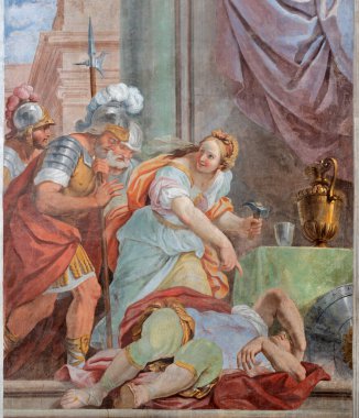 ACIREALE, ITALY - APRIL 11, 2018: The fresco of Jael and Sisera in church Chiesa di San Camillo by Pietro Paolo Vasta (1745 - 1750). clipart