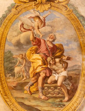 ACIREALE, ITALY - 11 Nisan 2018: The fresco The Sacrifice of Isaac in Duomo - cattedrale di Maria Santissima Annunziata by Pietro Paolo Vasta (1736 - 1739)).