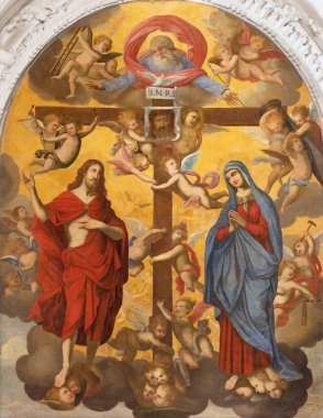 TAORMINA, İTALYA - 9 Nisan 2018: İsa ve Bakire Meryem 'in korse ile sembolik tablosu ve kilisedeki Tanrı Chiesa di Santa Caterina d' Alessandria.