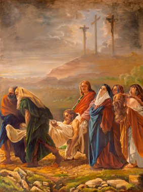 CATANIA, ITALY - APRIL 8, 2018: The Burial of Jesus in church Chiesa di Santa Maria dei Miracoli by artist with the inicials G.D.L (1929) as artistic copy work by Antonio Ciseri (1864 - 1870). clipart