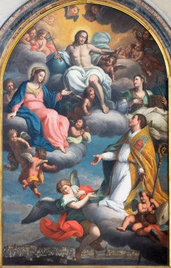 CATANIA, ITALY - 7 Nisan 2018: Ressam İsa, Bakire Meryem ve Aziz Agatha 'yı Apotheosis of St. Emygdius (Emidio)' da Pietro Paolo Vasta 'nın Chiesa di San Agostino (1761) kilisesinde yeniden canlandırdı.).