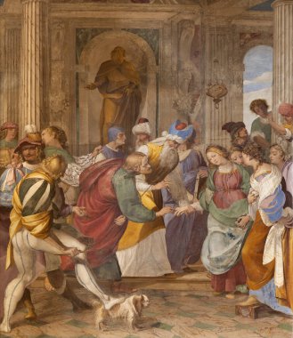 COMO, ITALY - 8 Mayıs 2015: Bakire Meryem 'in Düğünü ve St. Joseph Kilisesi Bazilika di San Fedele' de 16. sentin tanınmayan sanatçısı tarafından yapılan fresk..
