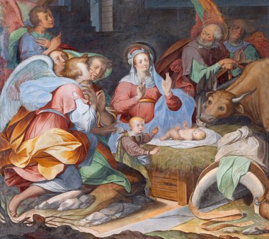 COMO, ITALY - 8 Mayıs 2015: The fresco of Intivity in church bazilica di San Fedele by known artist of 16 cent..
