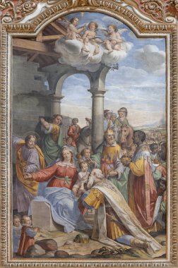 COMO, İtalya - 8 Mayıs 2015: The fresco of Adoration of Magi in in in church bazilica di San Fedele by unknown artist of 16 cent..