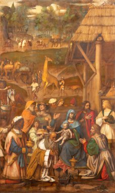 COMO, İtalya - 8 Mayıs 2015: Bernardino Luini 'nin Duomo' daki Magi 'ye Tapma Tablosu (1481 - 1532)).