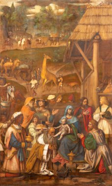 COMO, İtalya - 8 Mayıs 2015: Bernardino Luini 'nin Duomo' daki Magi 'ye Tapma Tablosu (1481 - 1532)).