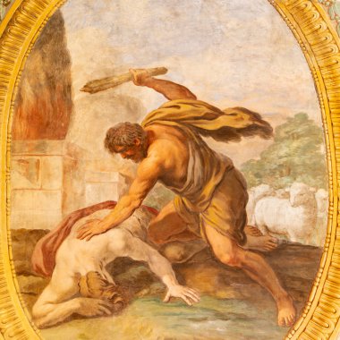 ACIREALE, ITALY - APRIL 11, 2018: The fresco Killing of Abel in Duomo - cattedrale di Maria Santissima Annunziata by Pietro Paolo Vasta (1736 - 1739).