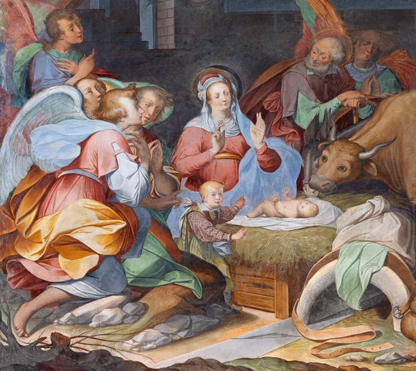 イタリア 2015年5月8日 教会におけるキリスト降誕のフレスコ画16セントの未知のアーティストによるサン フェデレ大聖堂 — ストック写真