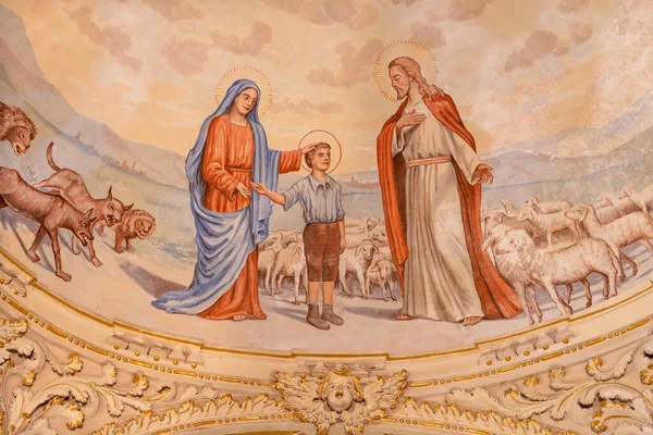 Taormina Italy April 2018 Symbolic Fresco Boy Don Bosco Virgin — Stock Photo, Image